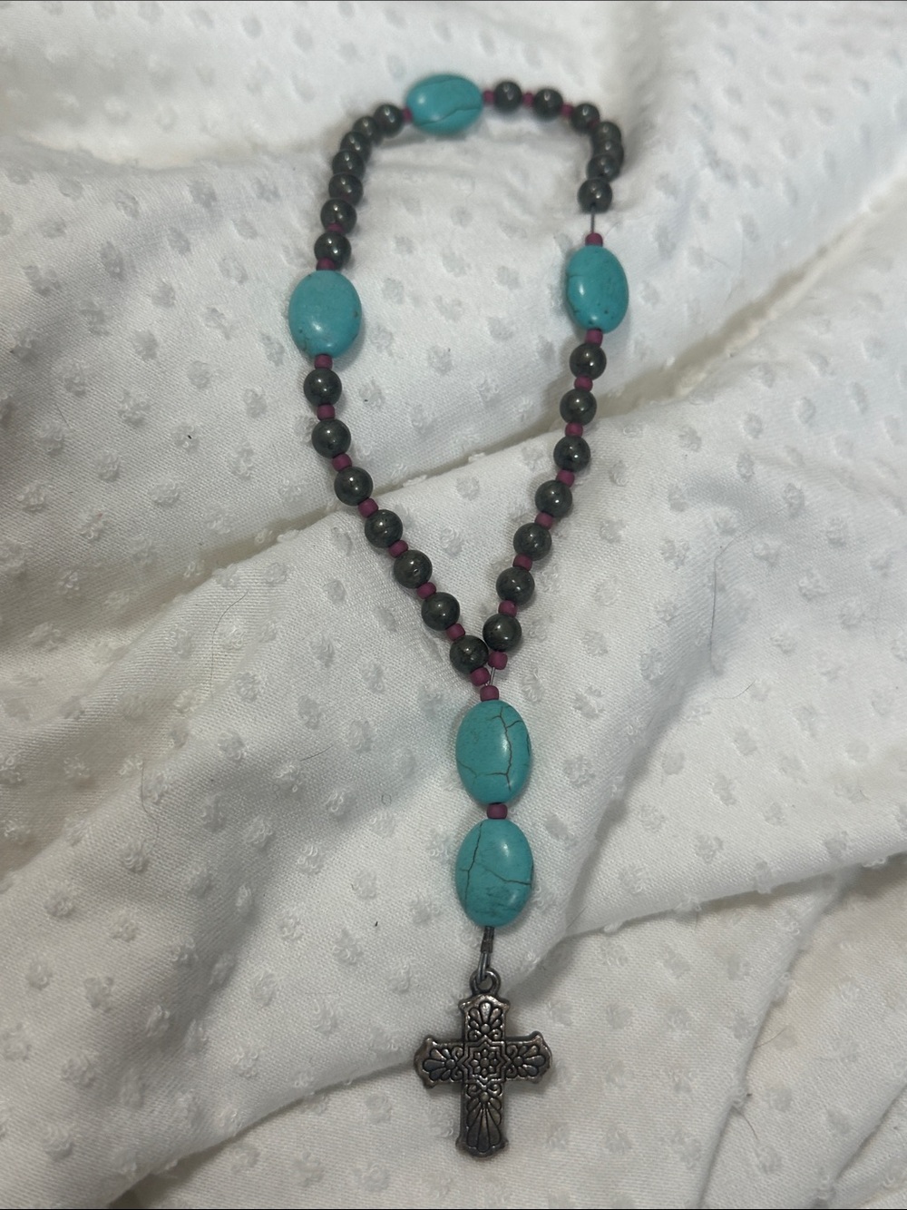 Turquoise Beads Rosary Bracelet w Silver Cross
